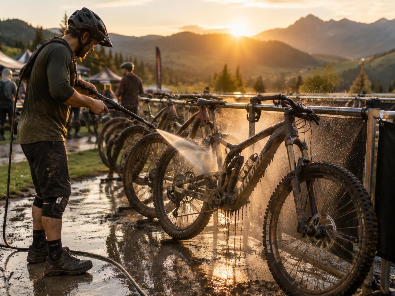 Een mountainbike wordt schoongemaakt na een rit